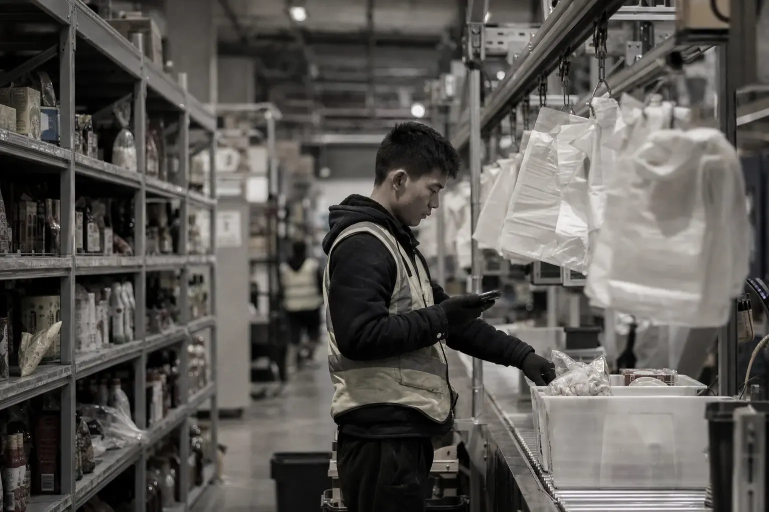 A warehouse worker scanning a tote on the conveyor of an online grocery fulfilment center