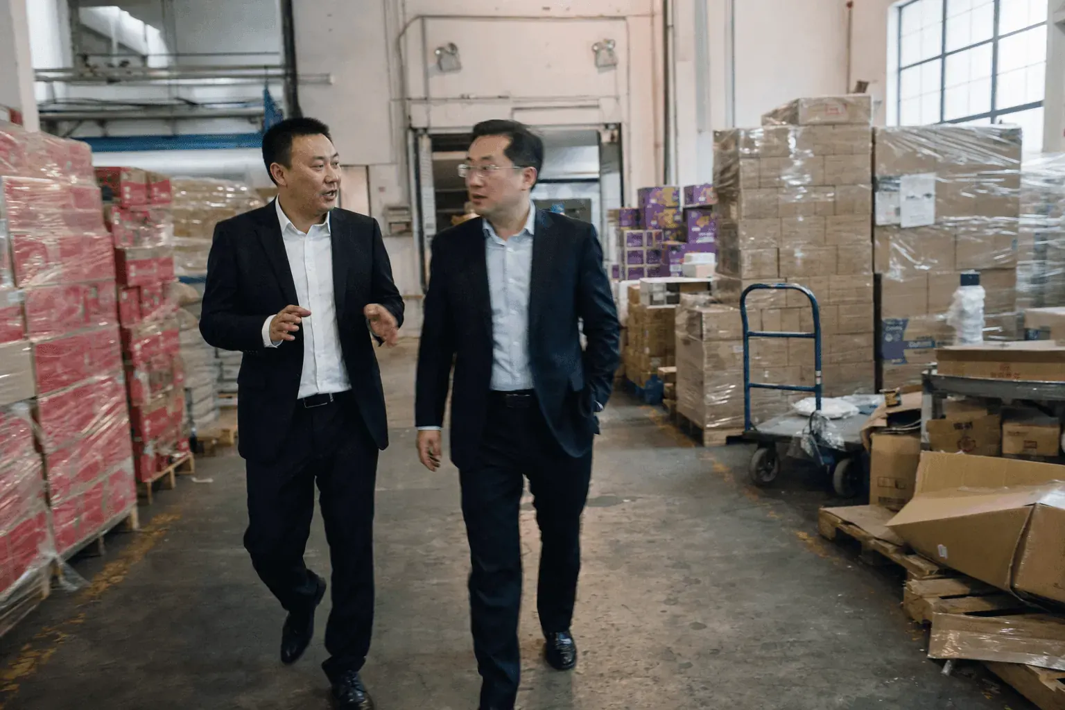 Two managers walking a distribution warehouse in Shanghai, mid-conversation