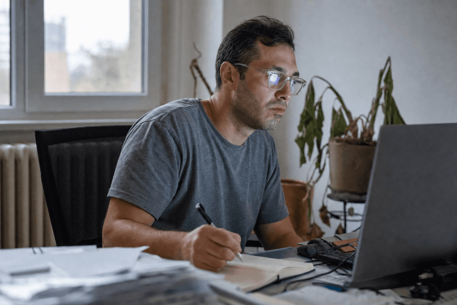 A man on a video call at his desk, leaning toward the screen and writing in a notebook at the same time