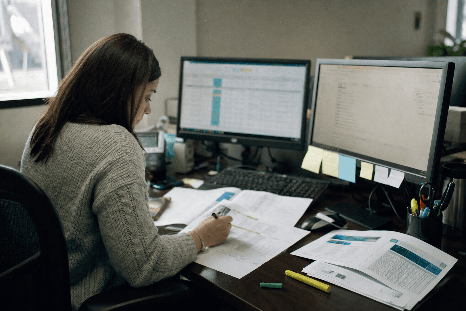 A woman at a two-monitor desk cross-checking a spreadsheet against printed distributor profiles
