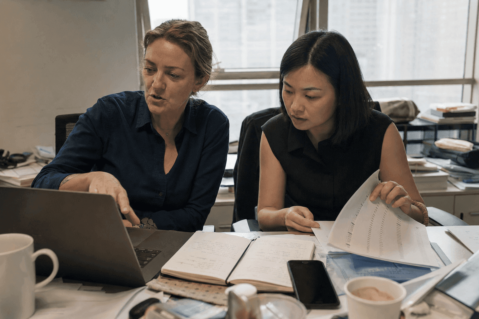 A brand manager and a consultant at the corner of a cluttered Shanghai office table, working through a printed partner list