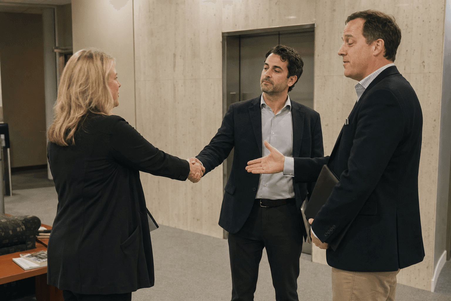 Two people shaking hands in an office lobby while a third stands slightly to the side, mid-introduction