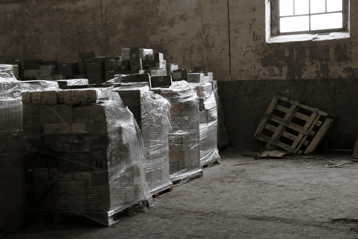 Shrink-wrapped pallets of unsold stock sitting in a dim warehouse
