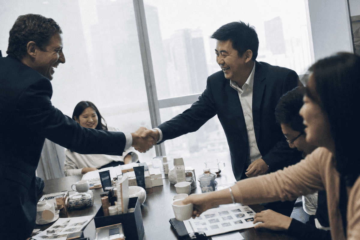Brand manager shaking hands with a distribution executive in a Shanghai meeting room