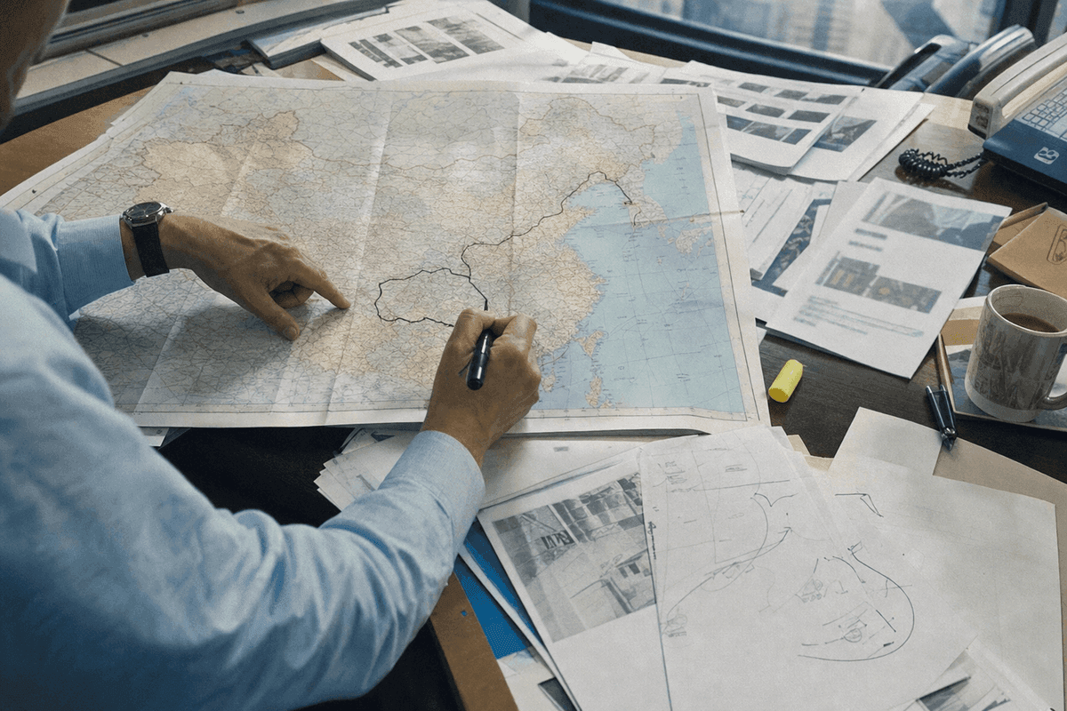 Consultant marking a route across a map of China beside printed partner profiles