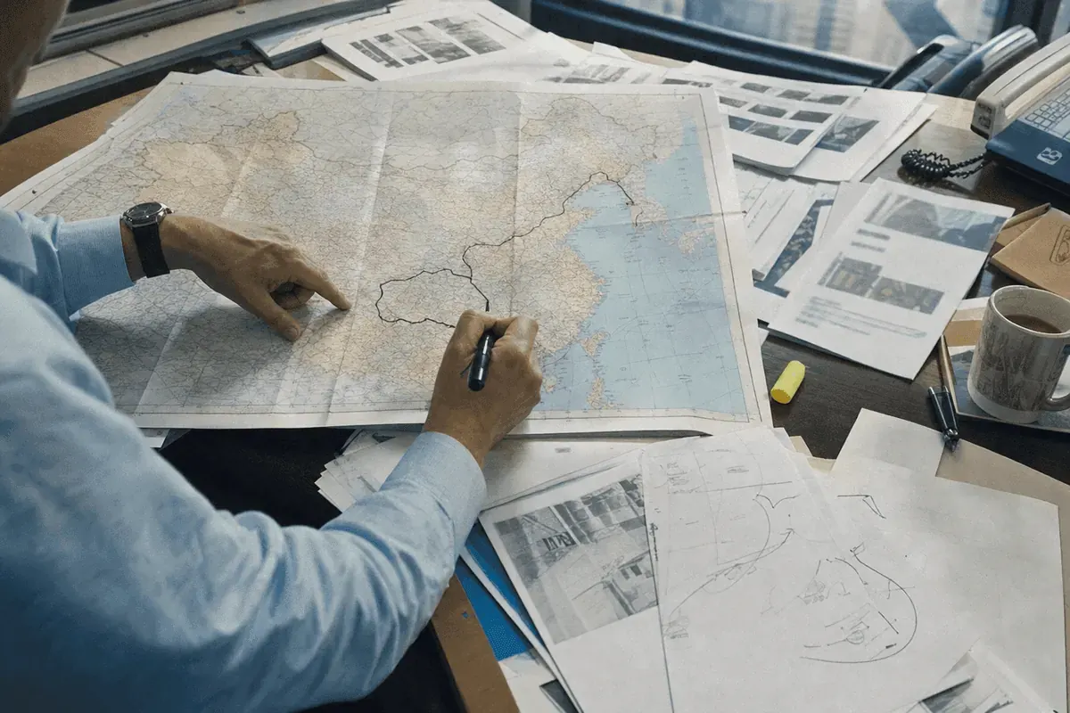 Consultant marking a route across a map of China beside printed partner profiles