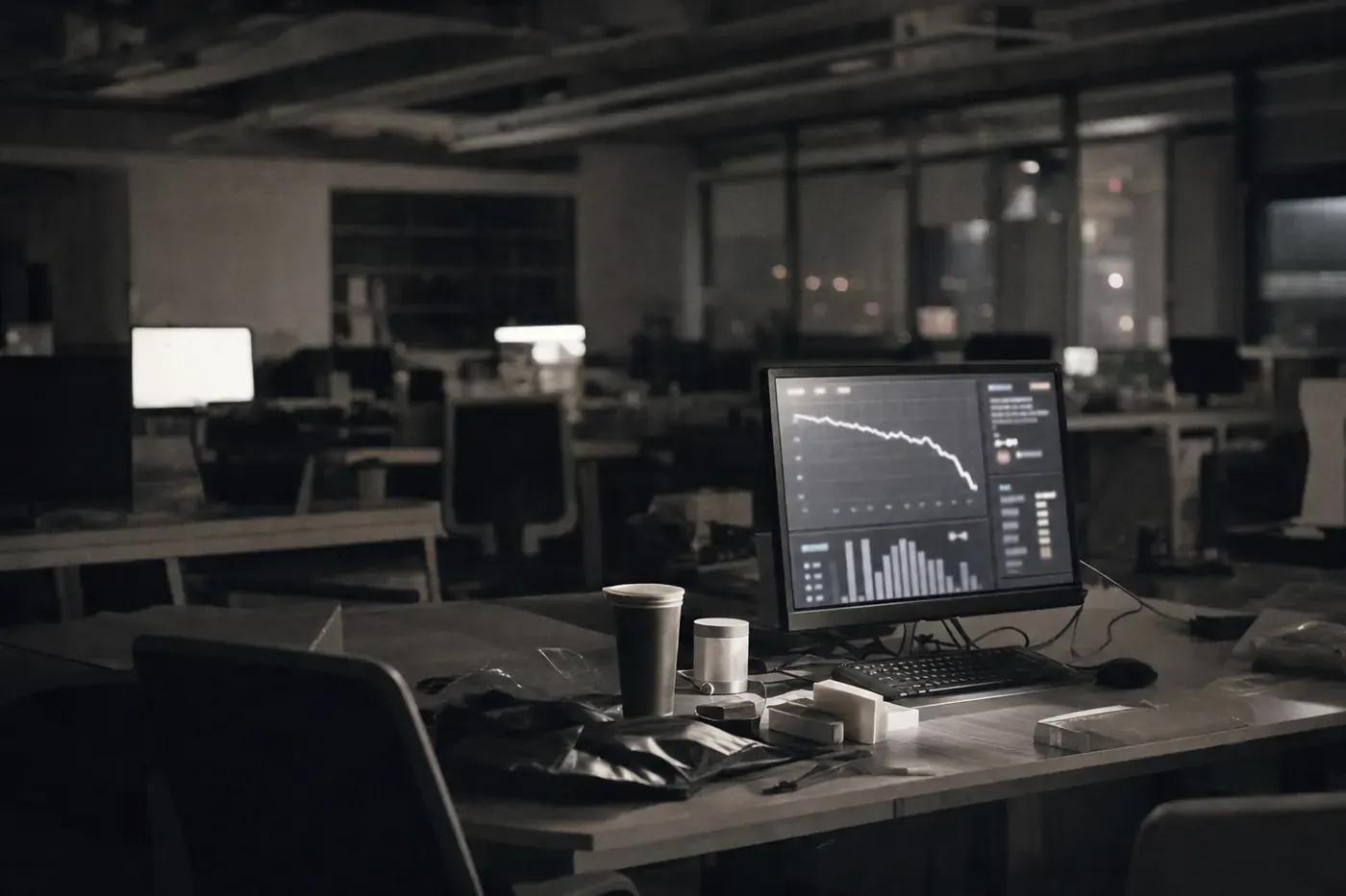 An empty eCommerce office at night, one monitor still showing a sales chart sliding downward