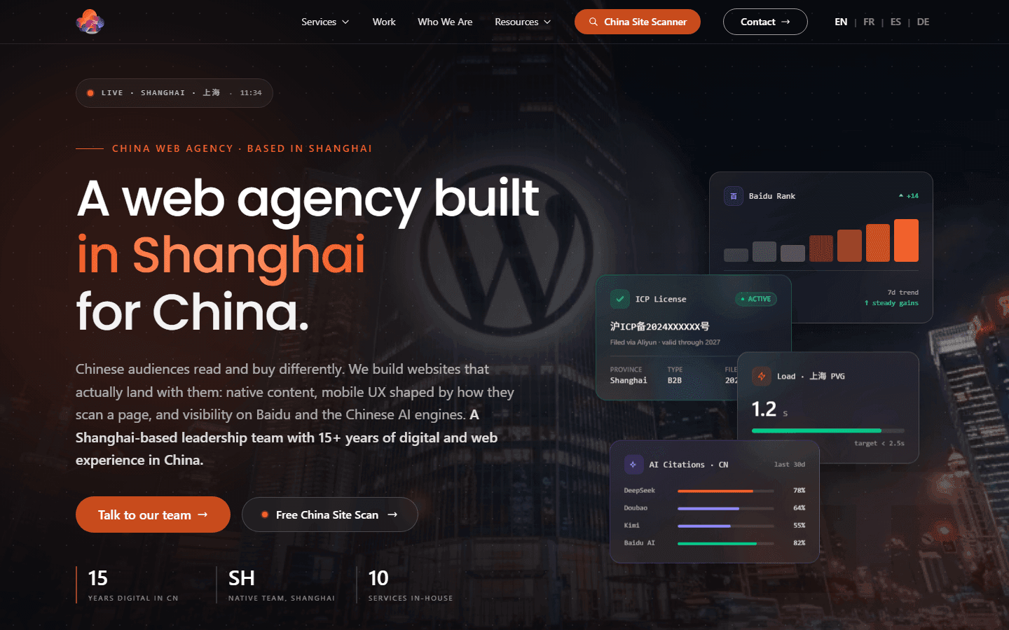 ChinaWebFoundry homepage: a Shanghai web agency showing ICP licence status, Baidu rank and a 1.2 second load time