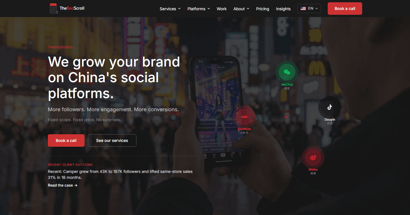 TheRedScroll homepage: a China social agency working across WeChat, RedNote, Douyin and Weibo