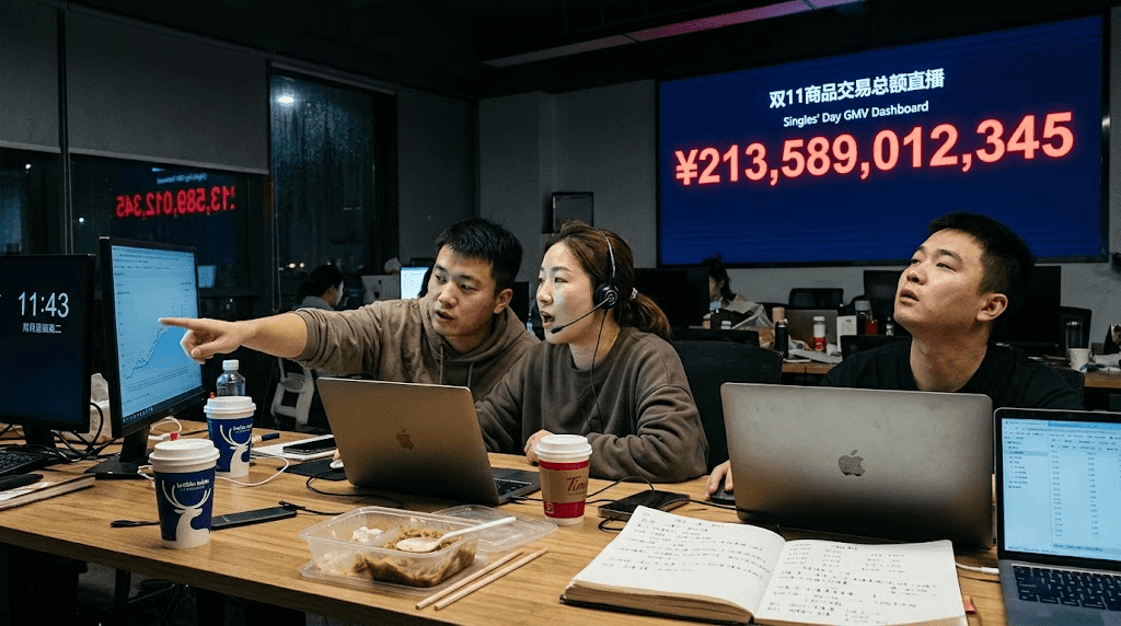 A campaign war room during a Chinese shopping festival with screens tracking livestream and sales