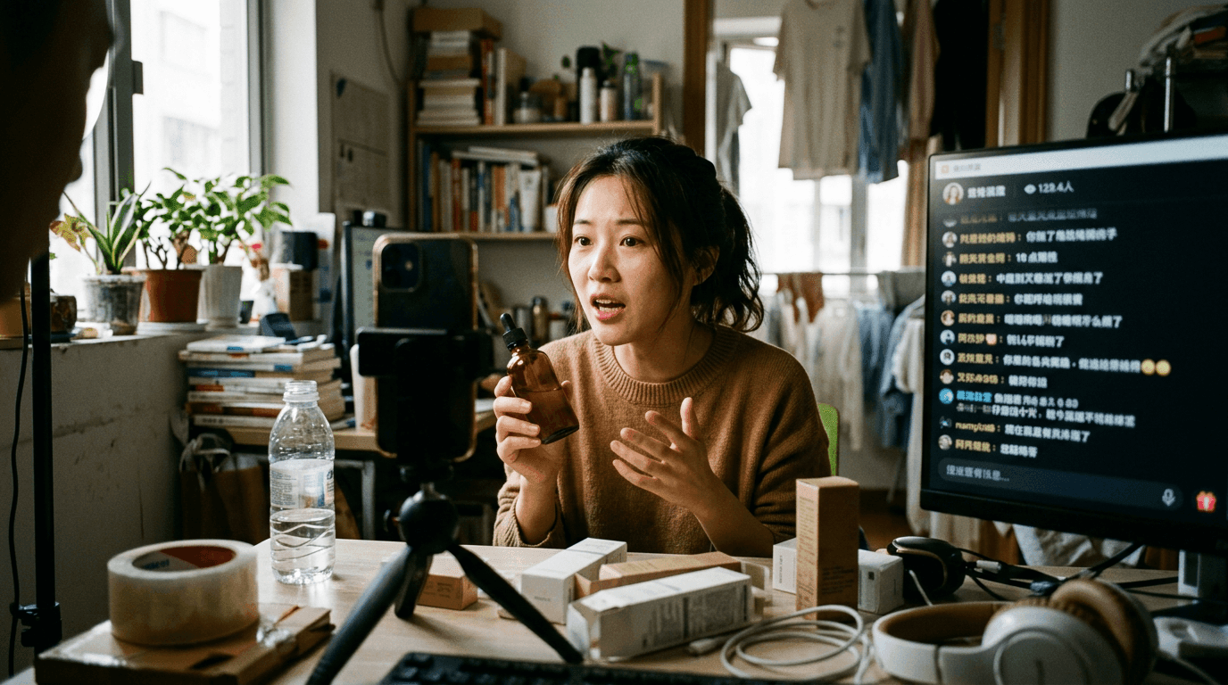 A Chinese KOL on a livestream set, brand product on display, audience comments scrolling