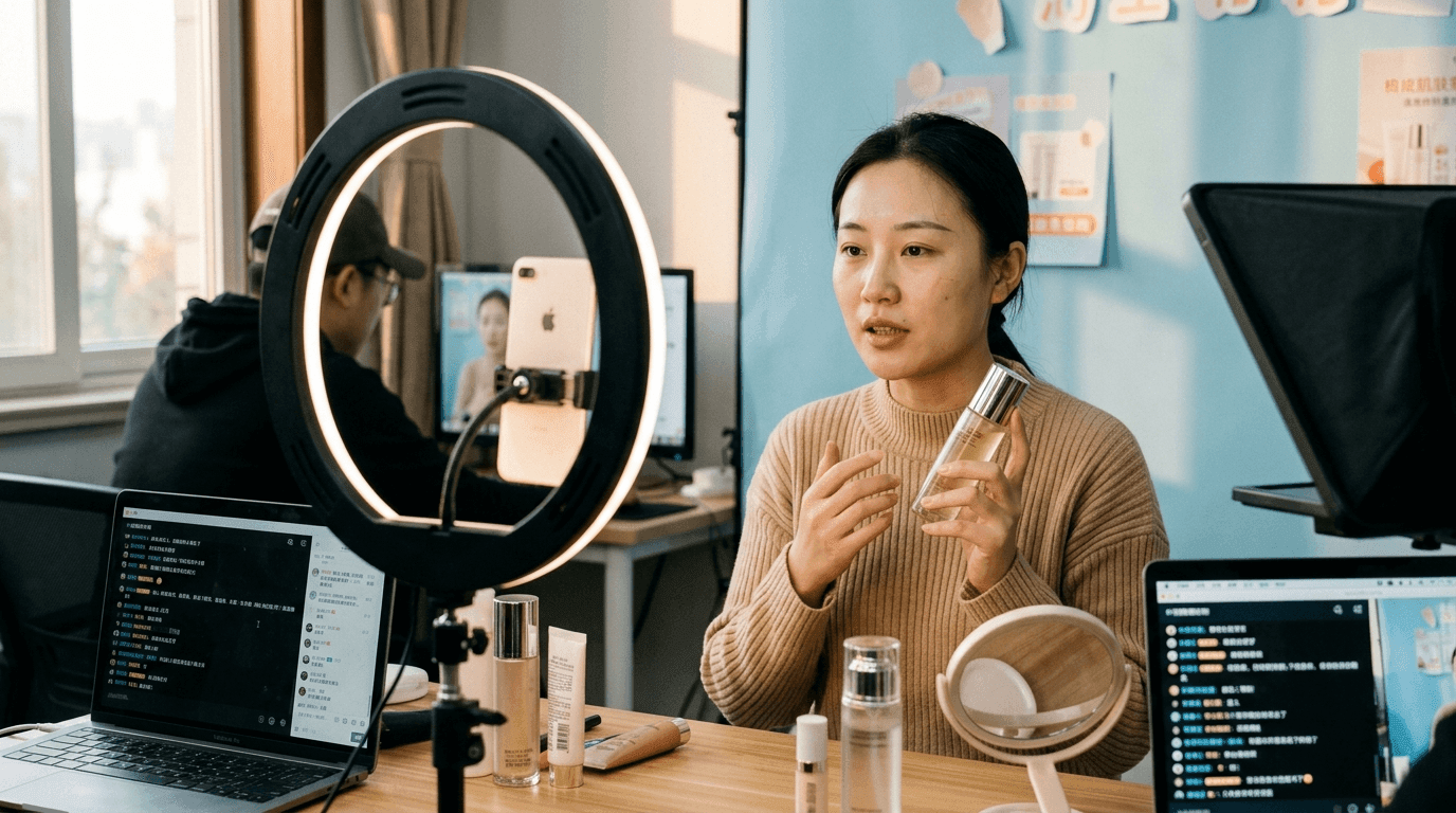 A Douyin livestream session selling a brand product, host on camera mid-session