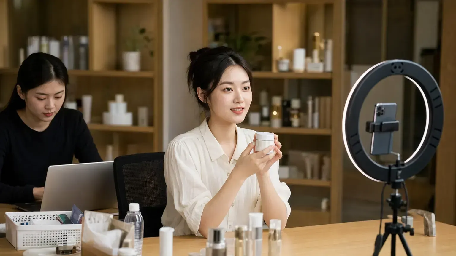 A host presents a skincare jar to a phone on a ring light during a brand-run livestream