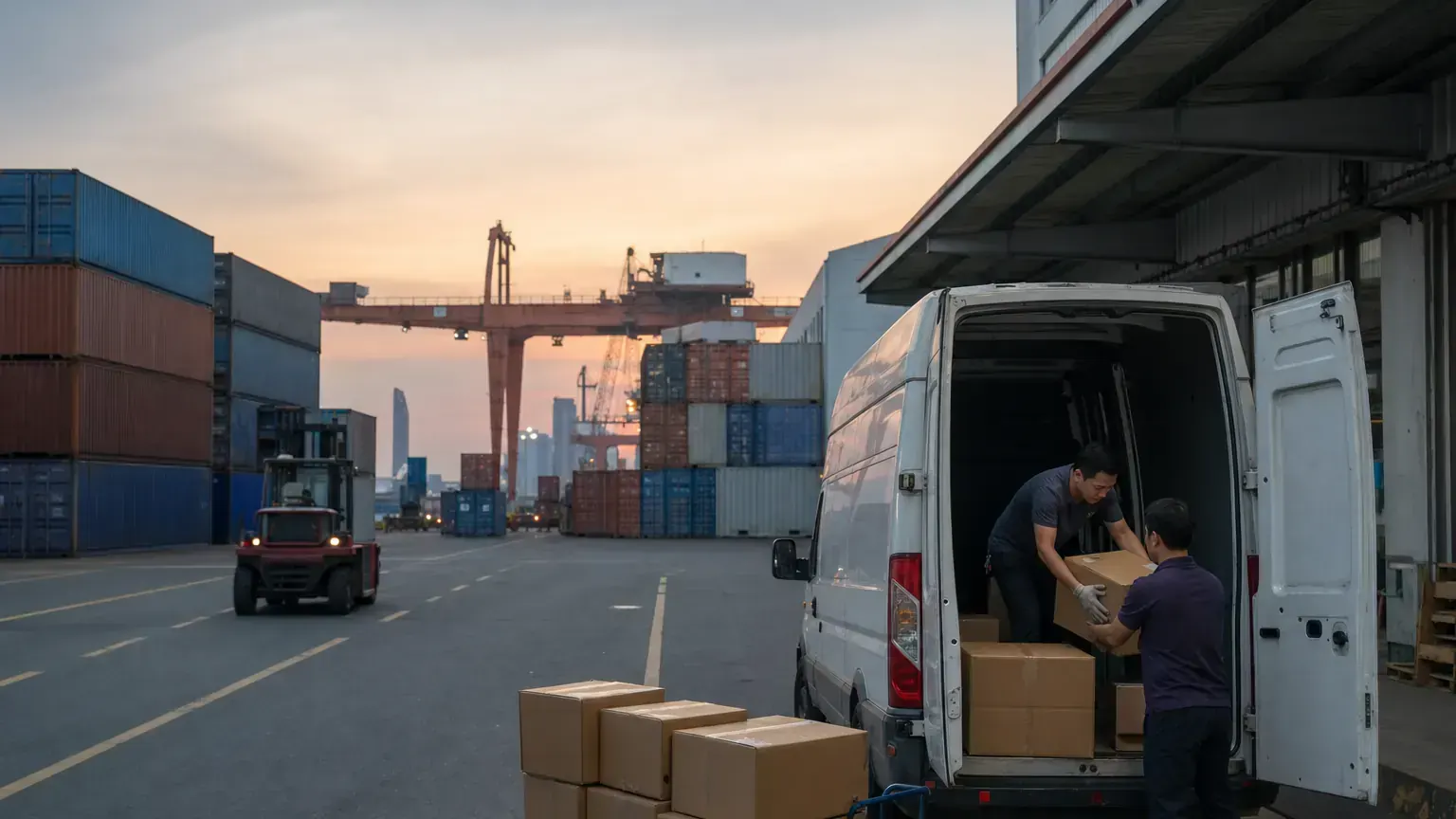 Parcels loaded into a van at a bonded logistics park beside a container port at dusk