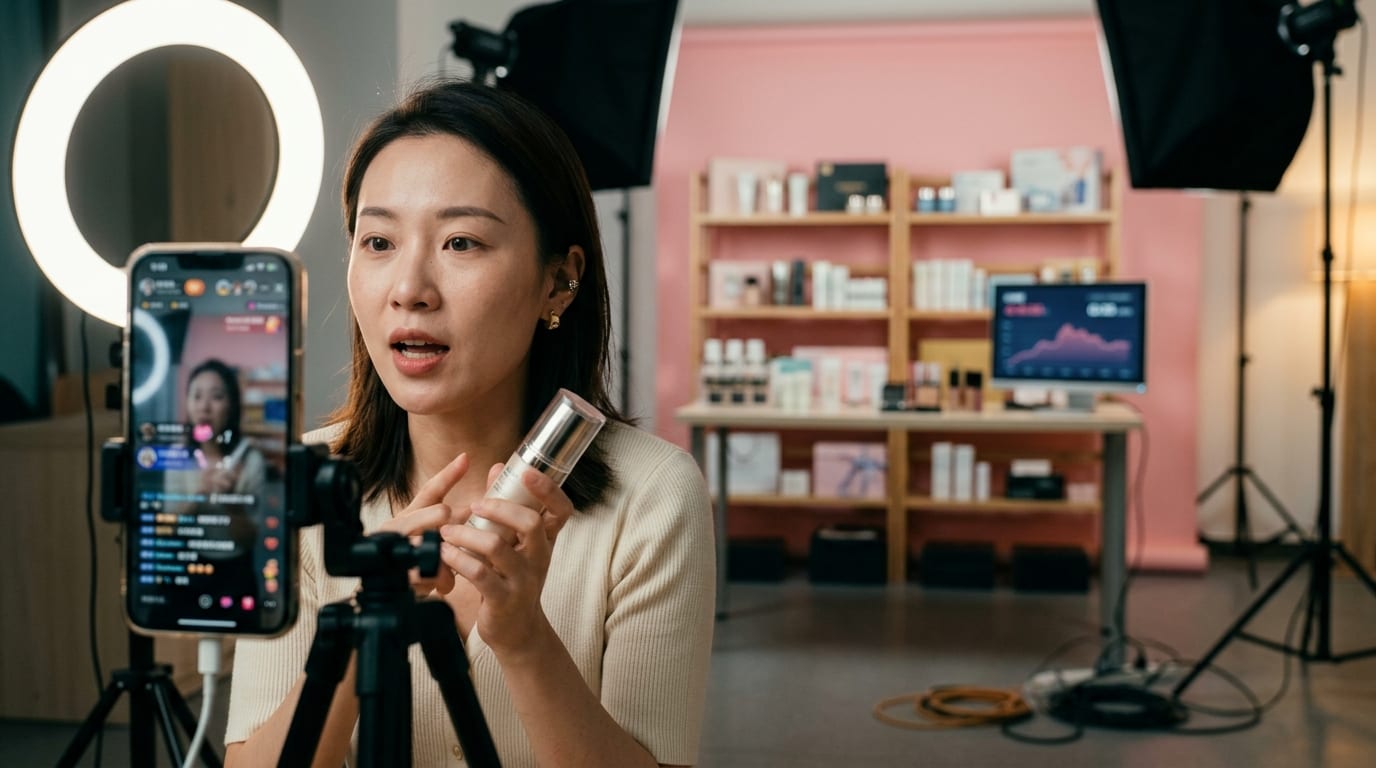 Chinese livestream commerce host on set, demonstrating products to a connected studio audience