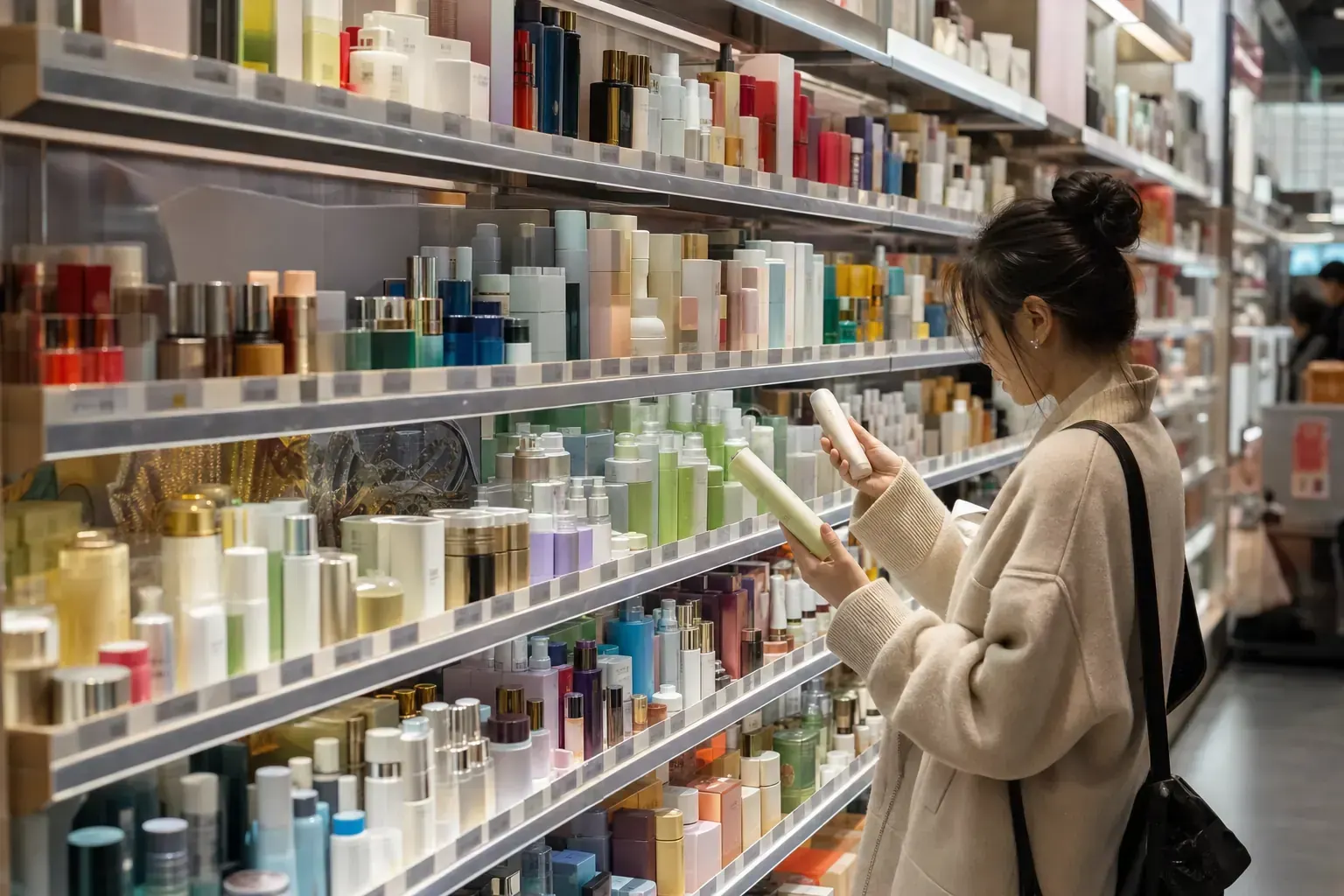 A shopper comparing two skincare bottles in front of shelves packed with local brands in a Chinese beauty store
