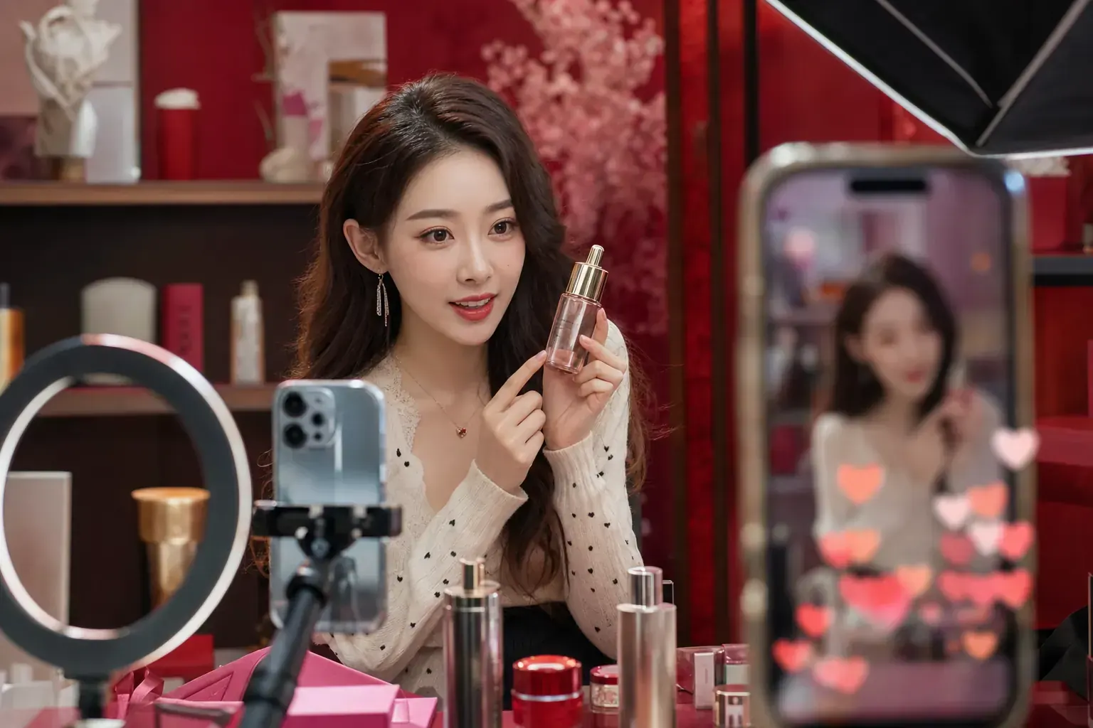 A livestream host presenting a serum bottle to a phone camera in a Chinese live commerce studio