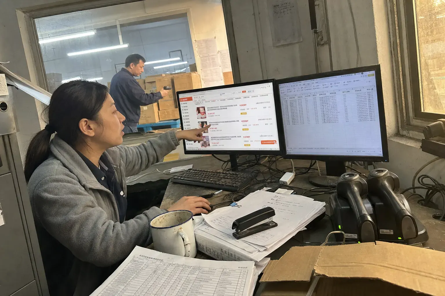 A cross-border operations manager in a Ningbo bonded-warehouse office checks a Chinese Tmall Global storefront on a smudged monitor while a colleague scans cartons behind her.