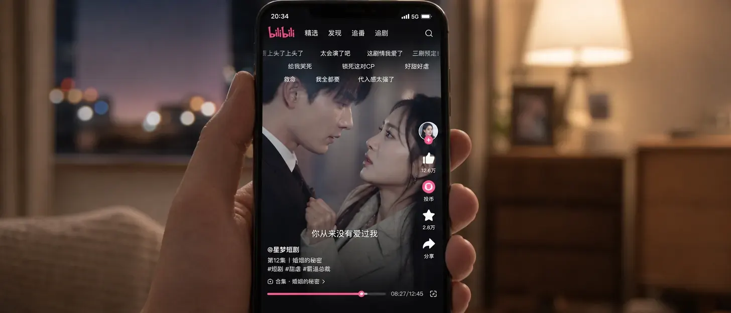 A viewer watches a Chinese micro-drama playing in the Bilibili app on a smartphone