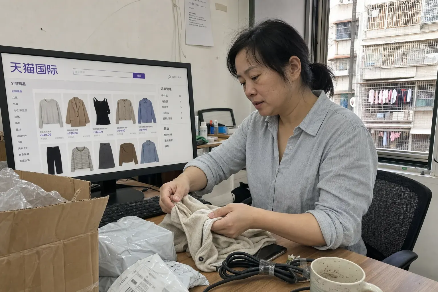 A Chinese store operator checks a returned cardigan beside a Tmall Global apparel screen in a Guangzhou office.