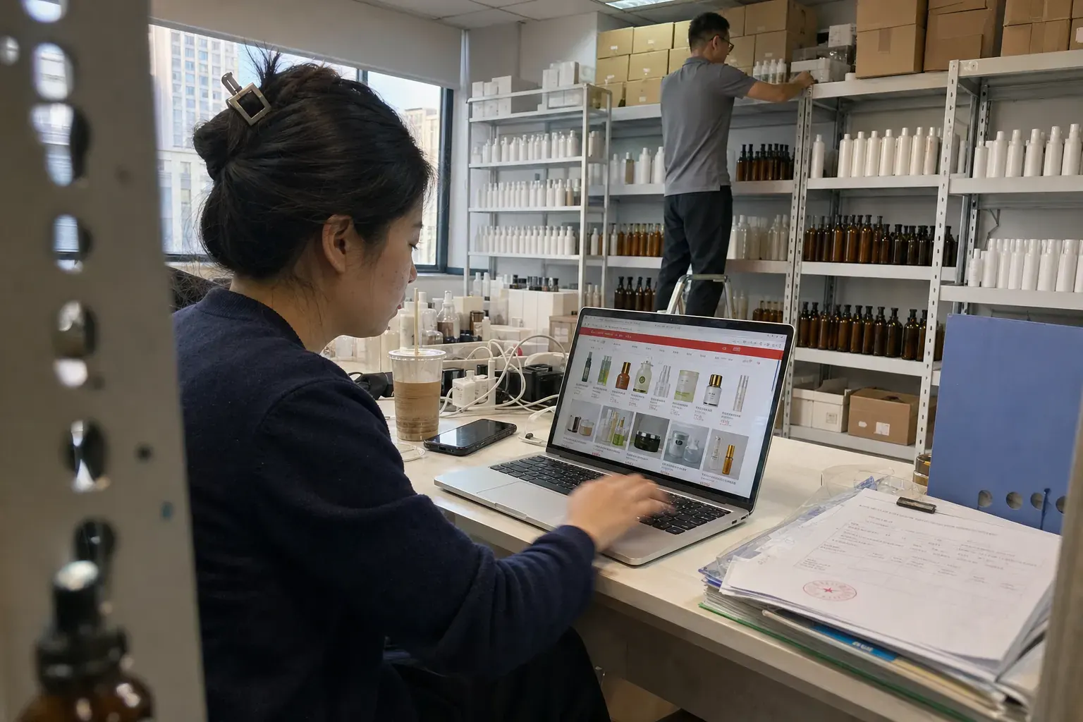 A sales assistant in a Hangzhou cosmetics distributor's showroom checks a Chinese cross-border beauty store page on a laptop while a colleague restocks shelves of unlabeled skincare bottles.