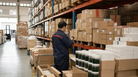 Cartons of imported goods on racks in a bonded warehouse in Ningbo