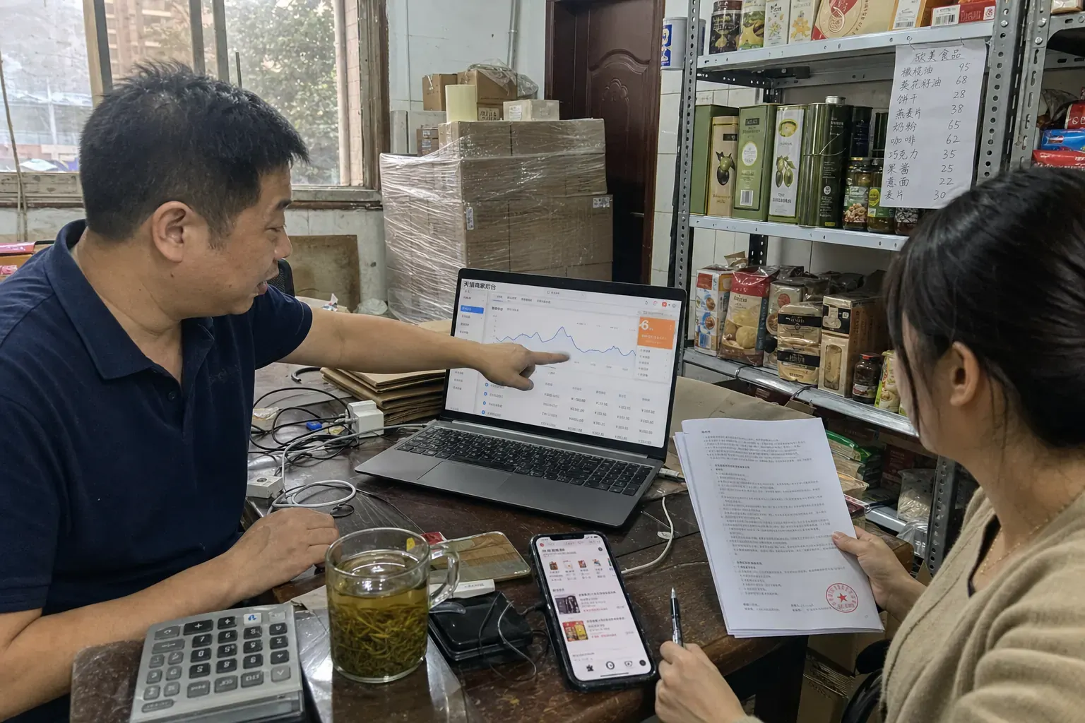 In a Chengdu food distributor's stockroom office, a man points at a Tmall merchant dashboard on a laptop while a colleague holds a stamped contract, shelves of imported foods behind them.