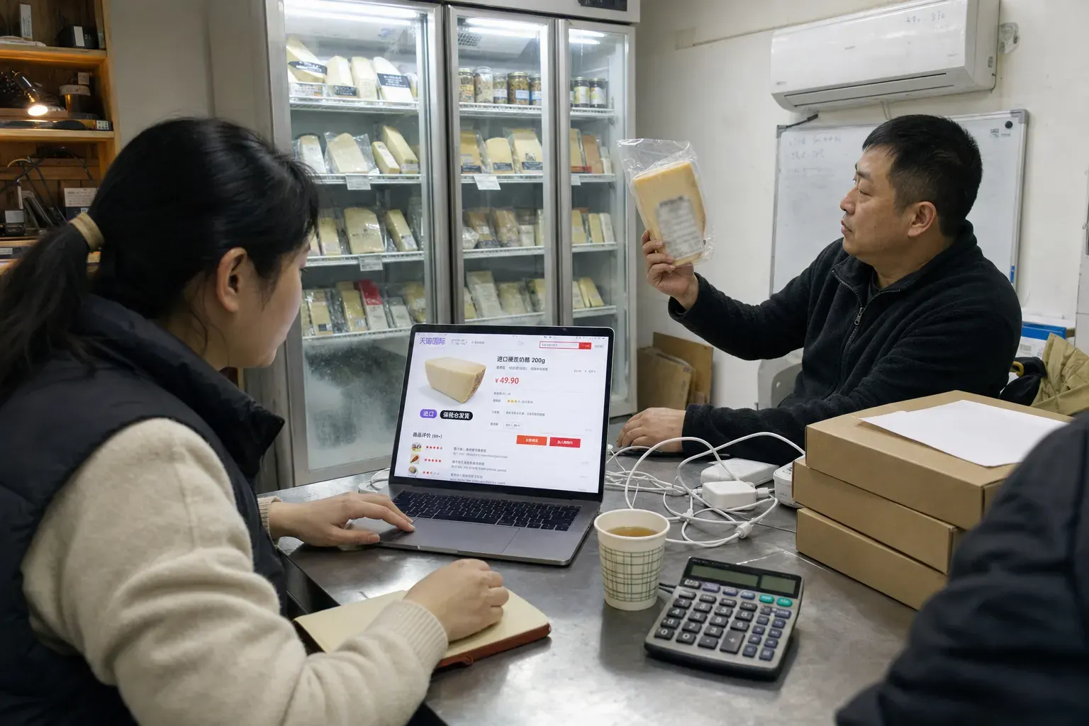 In a Chengdu food distributor's chilled showroom, a buyer checks an imported cheese listing on a Tmall Global product page while a colleague holds a wedge from the display fridge.