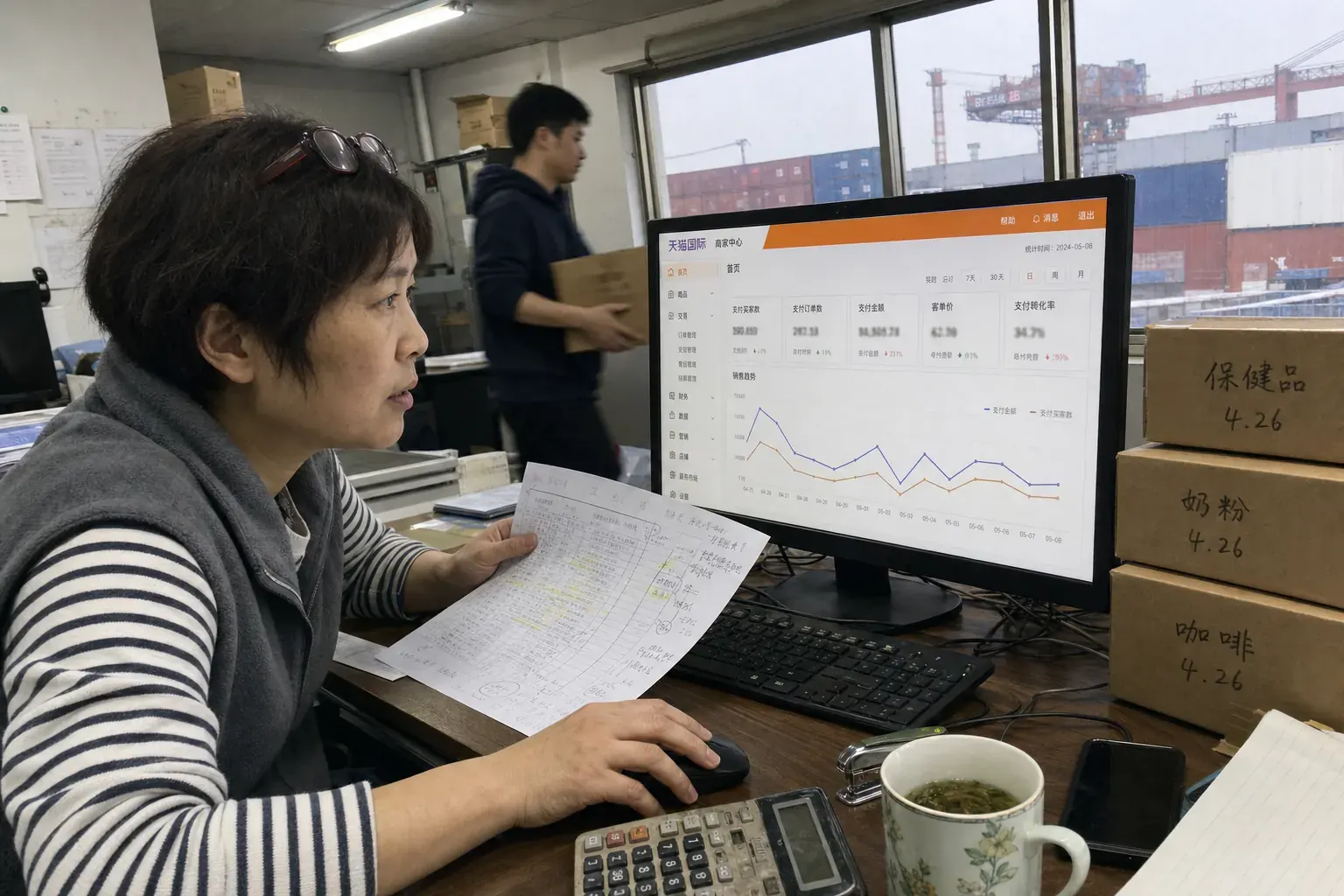 A finance manager in a Ningbo bonded-zone office compares a Tmall Global store dashboard with a printed cost sheet.