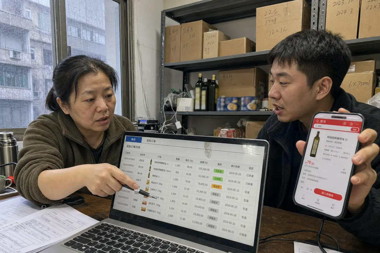 In a Chongqing food importer's office, a woman points at a purchase-order screen with customs status tags while a colleague holds up a phone showing a JD.com olive oil page.