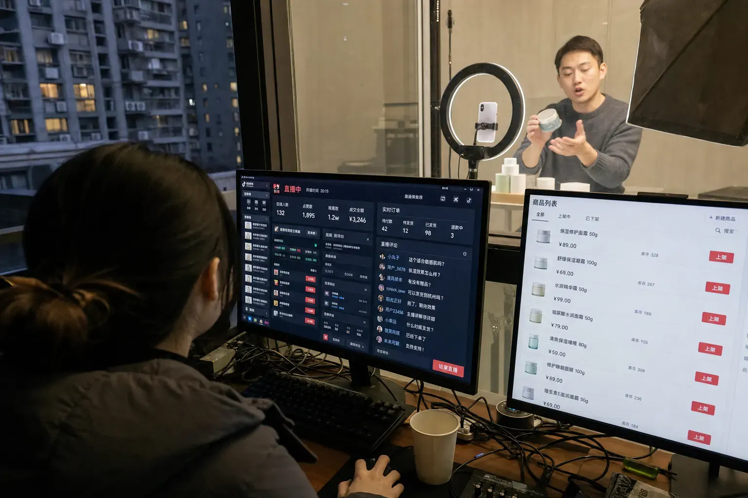 An operator checks Chinese livestream screens as a host presents a product in a Hangzhou studio