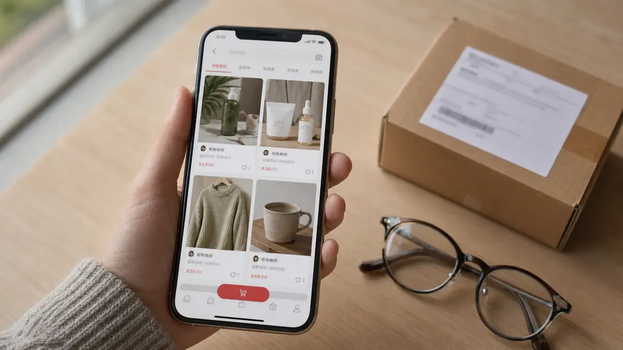 A hand holding a smartphone showing a Chinese lifestyle commerce feed, beside a cross-border parcel on a desk