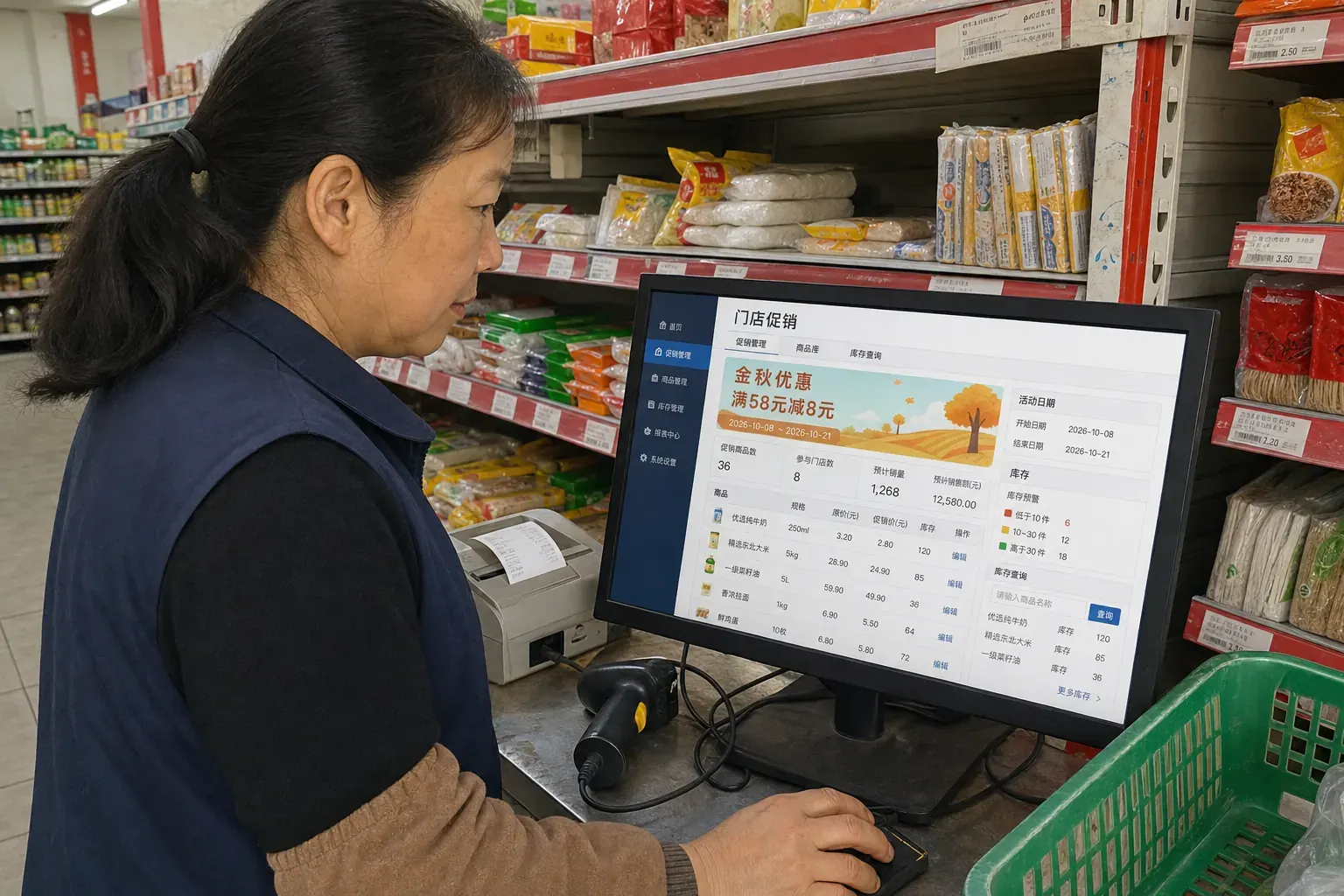 A Chinese supermarket employee checks a promotion dashboard beside a stocked aisle in Chengdu.