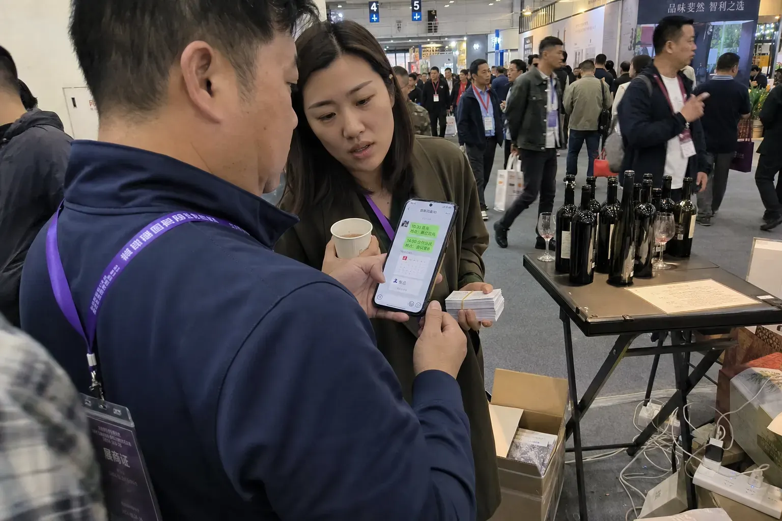 A distributor in a crowded Nanjing food fair hall checks a WeChat meeting schedule on his phone beside a wine stand.