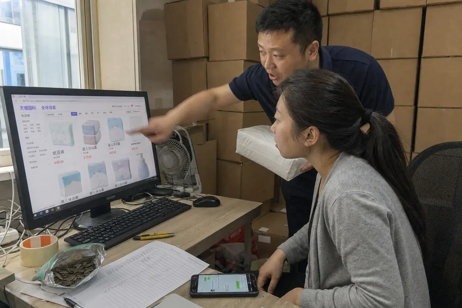 In a cross-border store's back office in Xiamen, a man holding a pack of diapers points at a Tmall Global mother-and-baby page on a monitor while a colleague in a grey cardigan reads it.