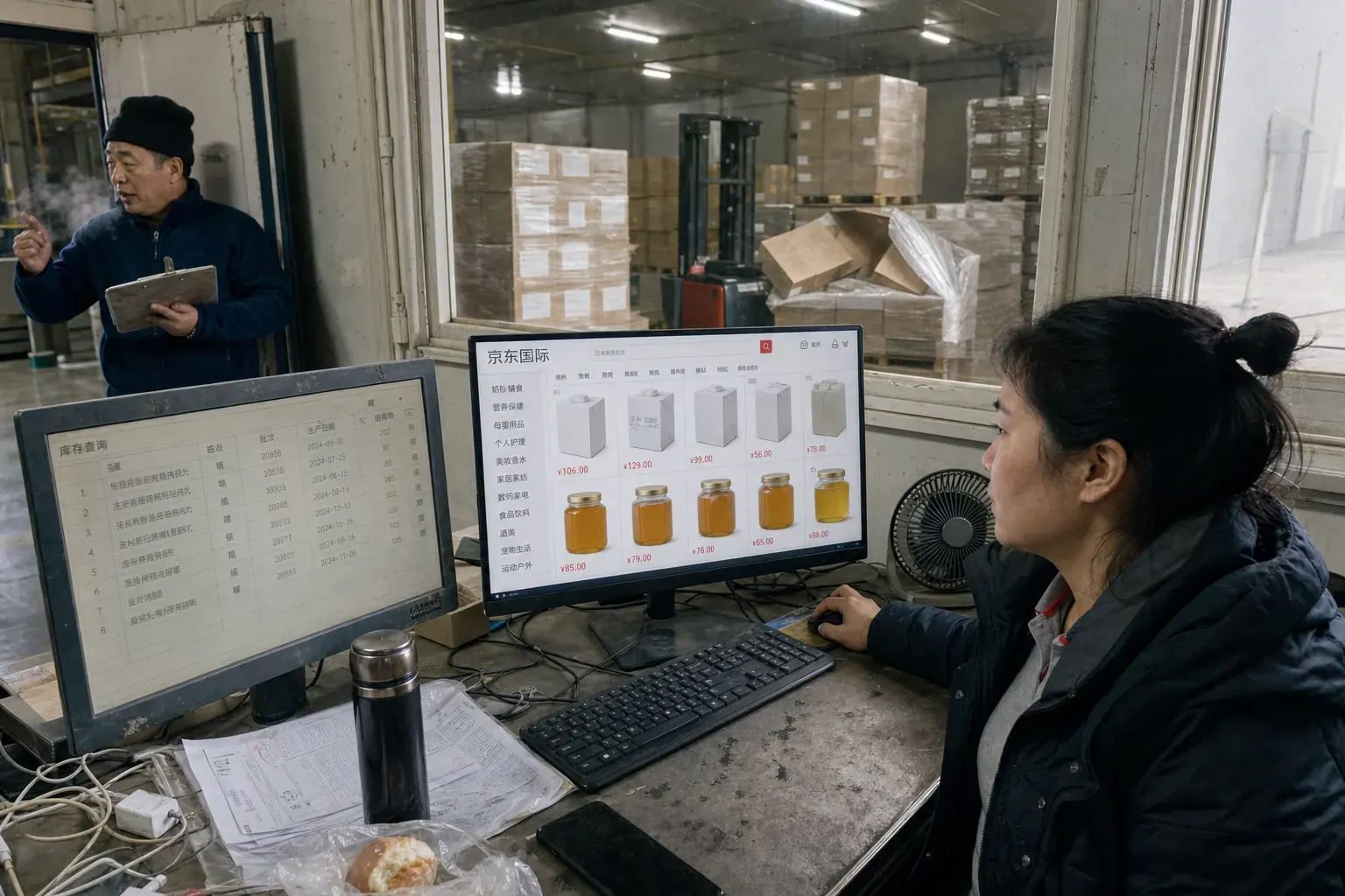 A warehouse coordinator in a Chengdu bonded cold-storage office checks a Chinese JD Worldwide store page of imported milk and honey on a smudged monitor while a colleague waits at the door with a clipboard.