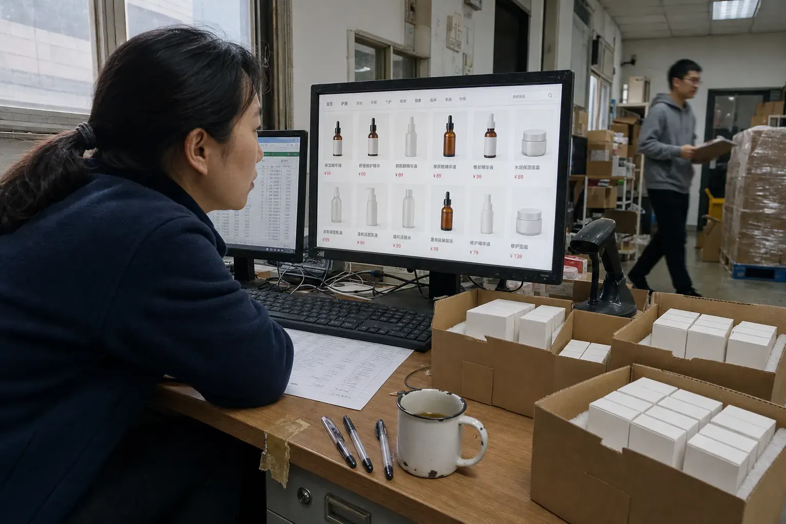 A merchandiser in a Guangzhou bonded-warehouse office studies a Chinese cross-border skincare storefront on her monitor while cartons of plain white product boxes sit open on the desk beside her