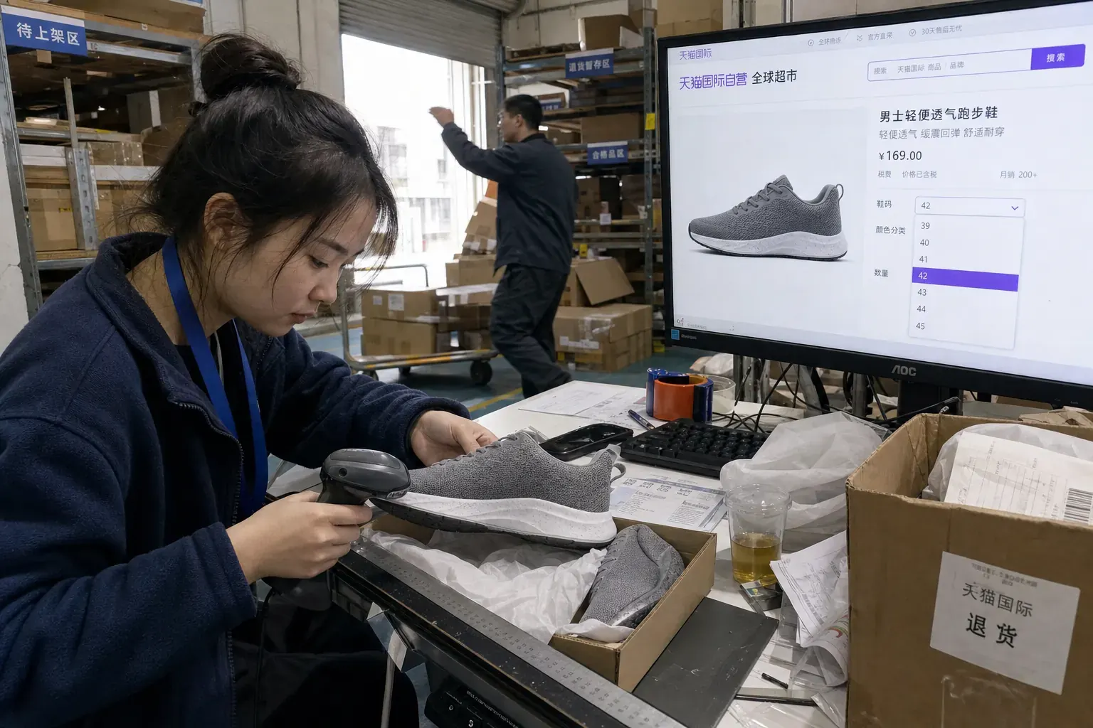 A warehouse worker in Ningbo scans a returned gray sneaker at a bonded returns bench while a Tmall Global product page with its Chinese size selector open sits on the monitor beside her
