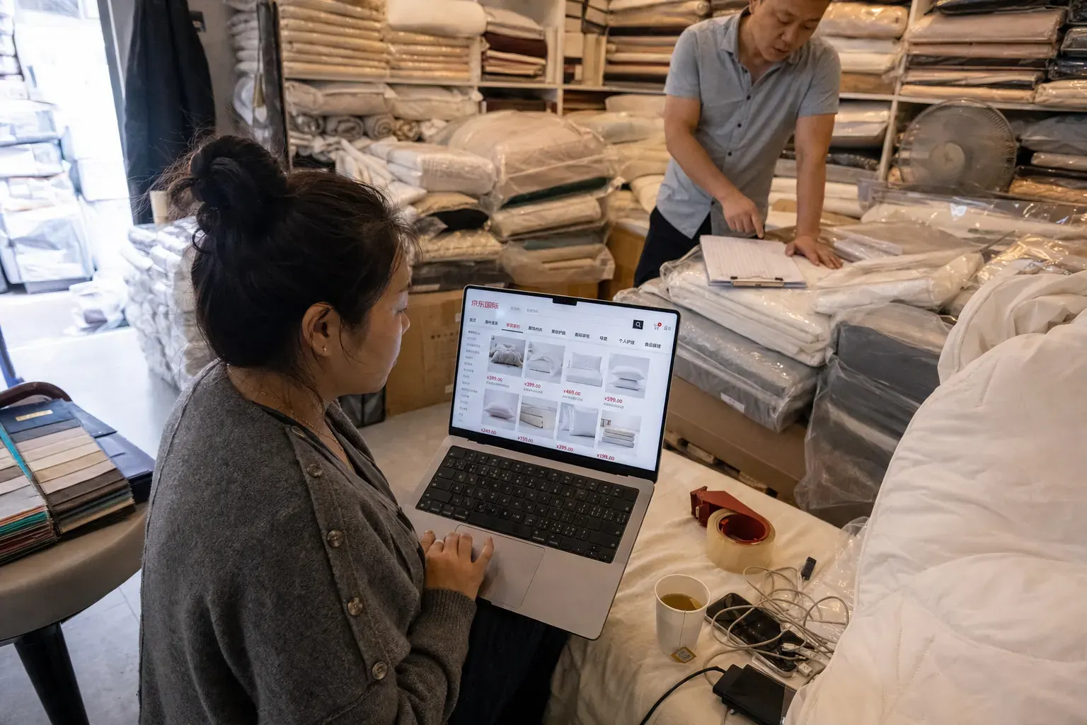 A saleswoman in a Nantong bedding showroom checks a Chinese JD Worldwide store page of imported duvets on her laptop while a colleague points at a stock sheet beside a pallet of vacuum-packed quilts.