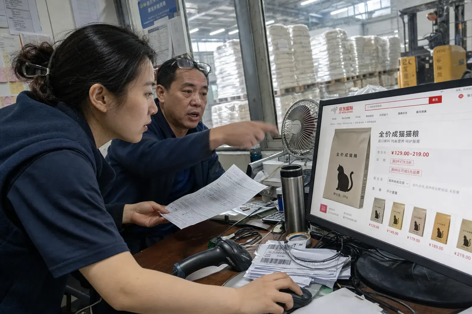 An operations clerk in a Ningbo bonded warehouse office holds a customs form and checks a Chinese JD Worldwide page of imported cat food while a colleague points at the screen, pallets of pet food sacks behind the glass.