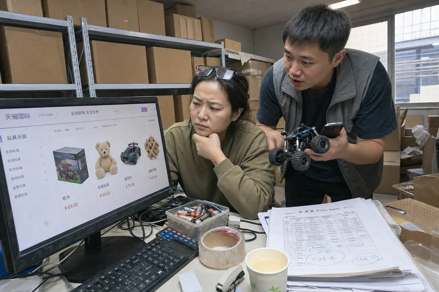 In a cross-border toy store's back office in Guangzhou, a man holding a remote-control car leans over a colleague studying a Tmall Global toy page on her monitor.