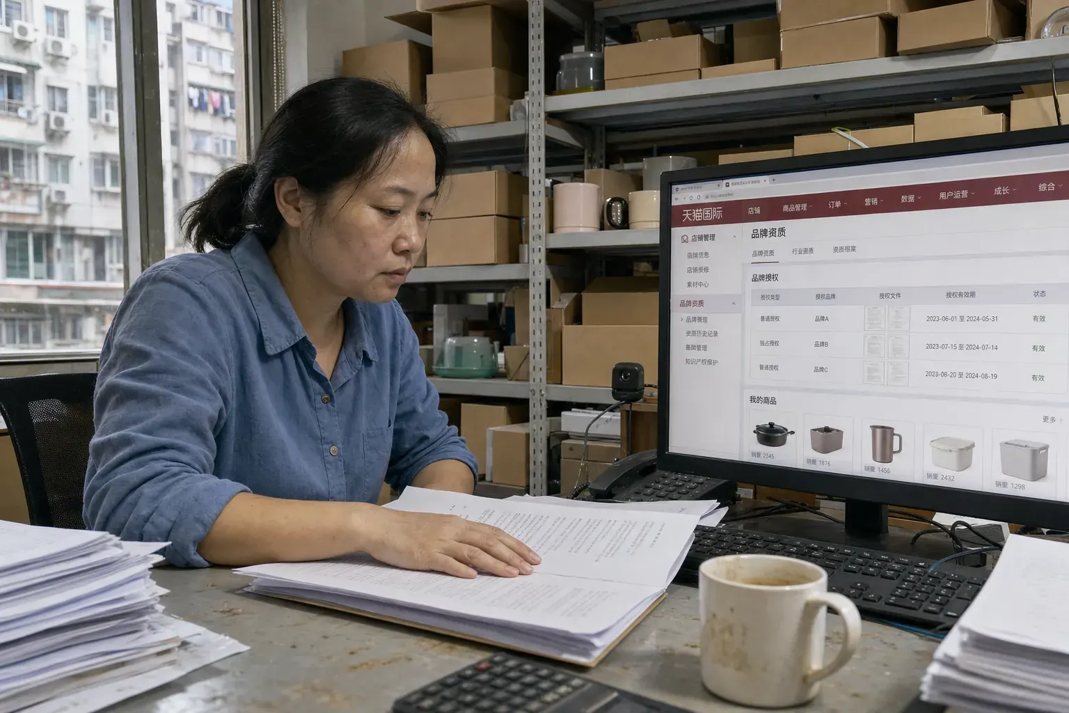 À Guangzhou, une femme examine des autorisations de marque dans les bureaux d’un distributeur, devant un écran Tmall Global en chinois.