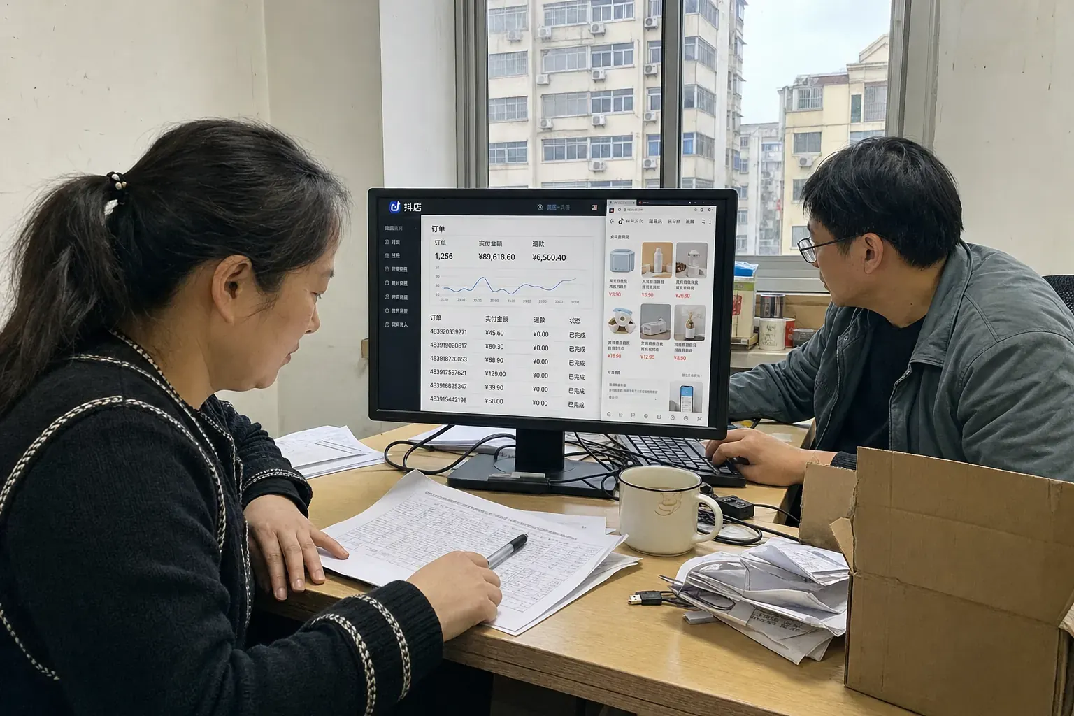 Two coworkers review a Douyin order dashboard and printed campaign figures in a Ningbo ecommerce office.