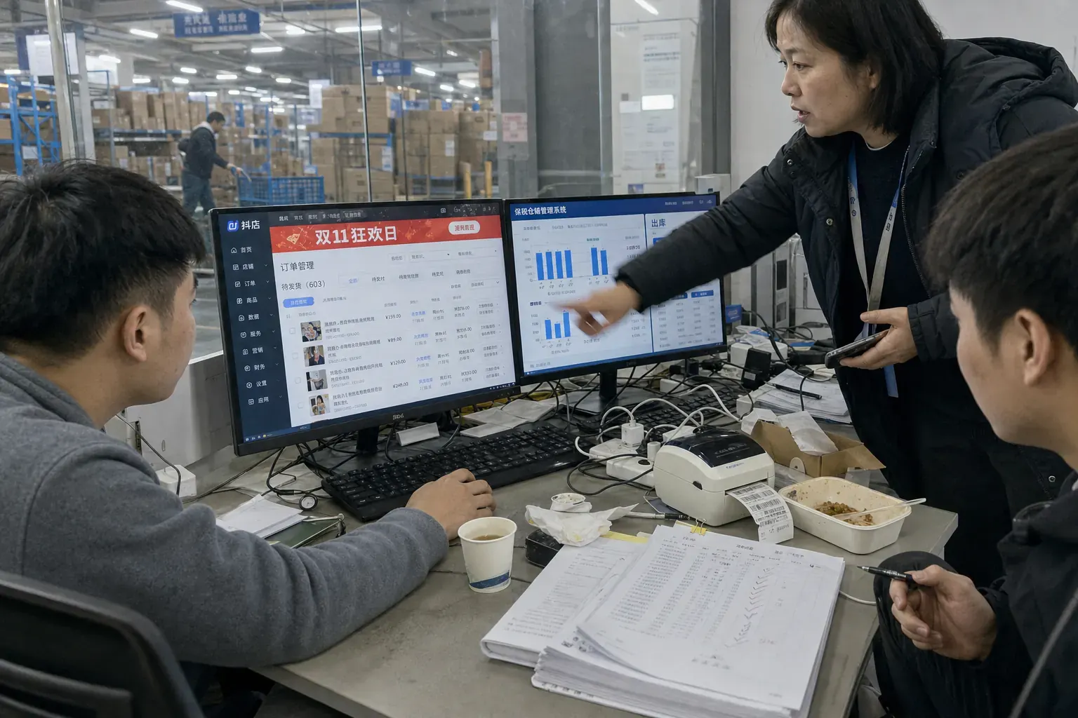 A supervisor points at a Chinese Douyin store back end and a bonded warehouse dashboard as two young staff watch, in a Zhengzhou bonded-zone warehouse office.