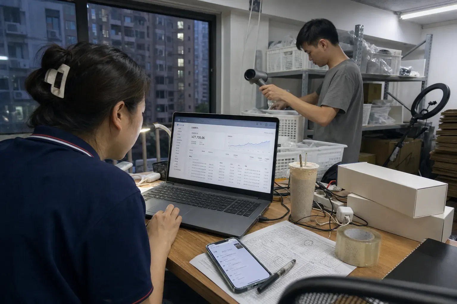 In a small appliance seller's office in Shenzhen, a woman checks a Douyin store funds page on a laptop while a colleague inspects a returned hair dryer by the shelves