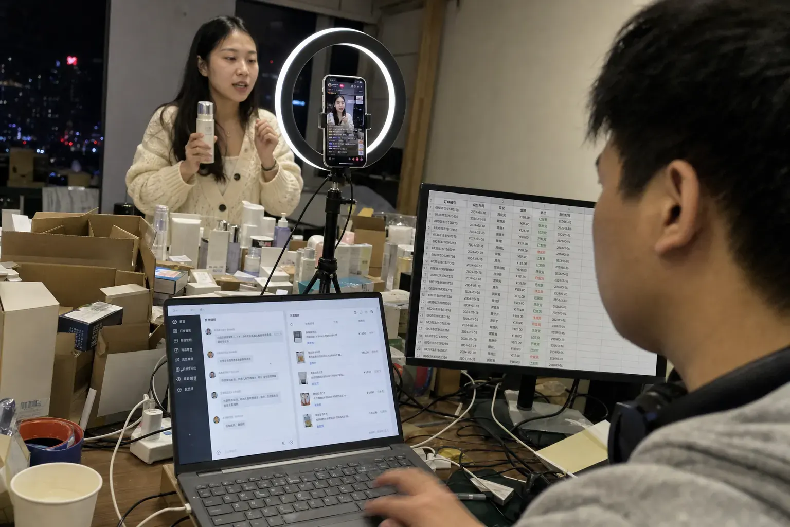 A host holds up a skincare bottle to a phone on a ring-light tripod in a Nanjing office livestream room while a colleague answers Douyin shopper chats on a laptop