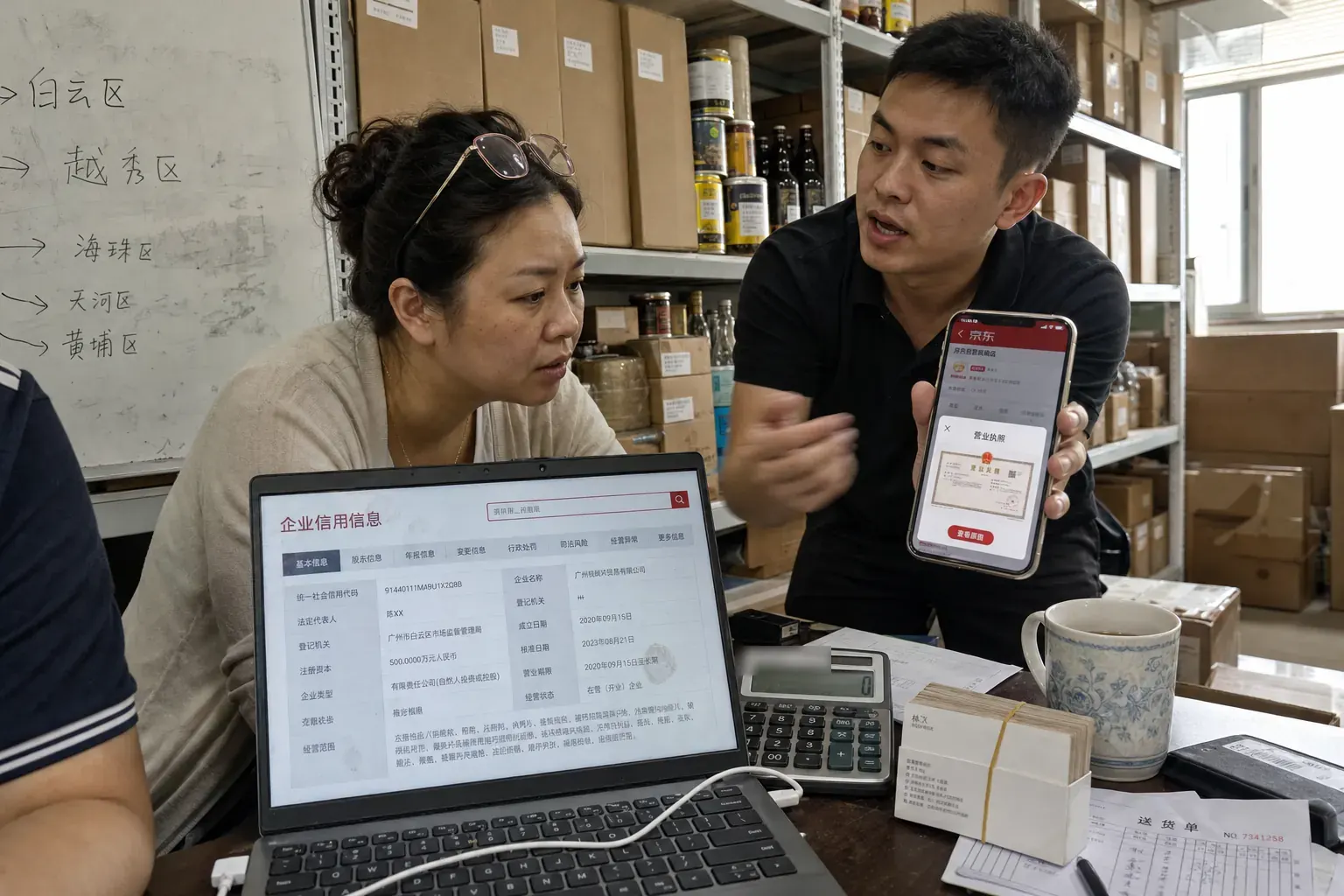 In a Guangzhou imported-food distributor's office, a woman checks a company record on a laptop while a colleague holds up a phone showing a JD store's business license page.