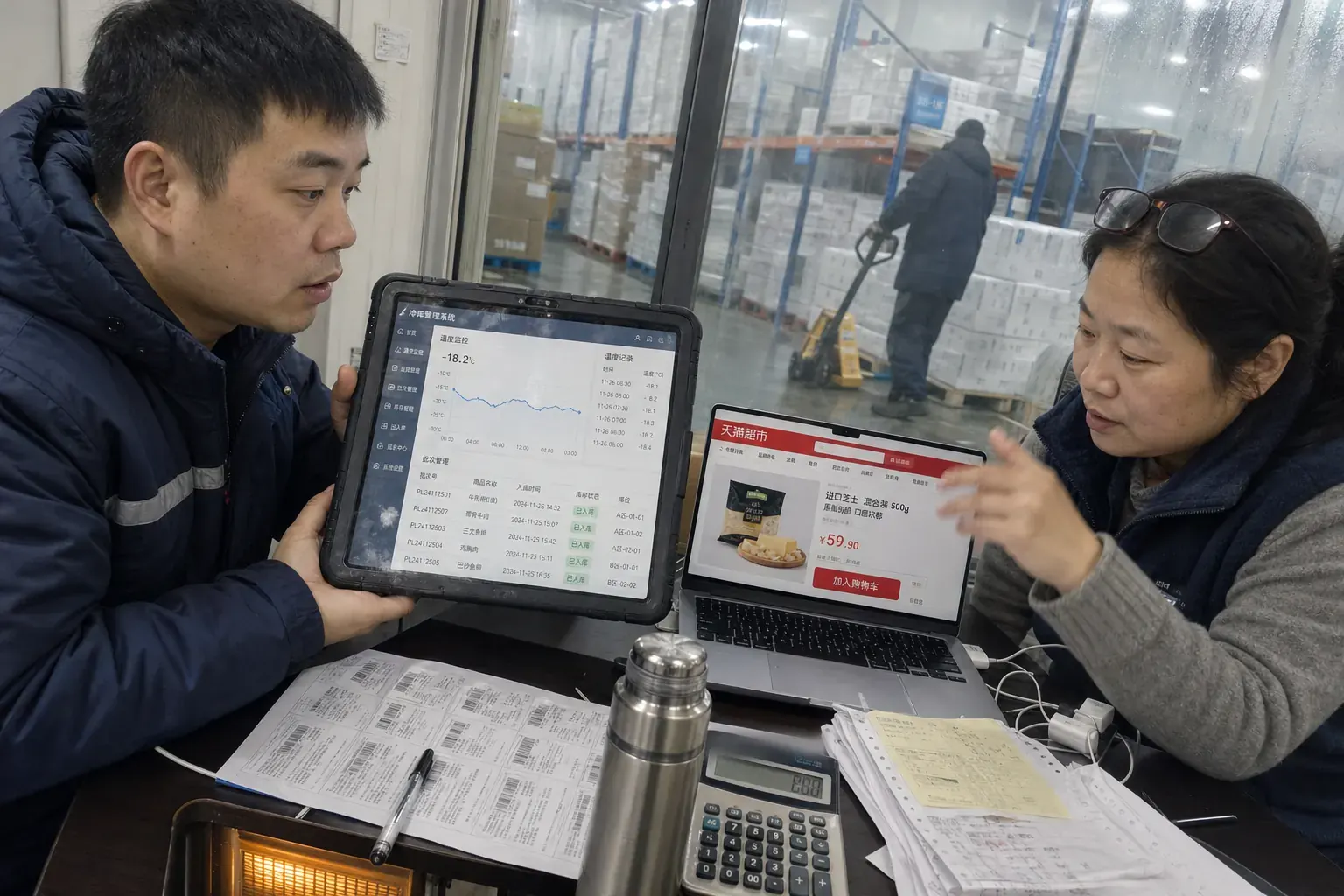 In a cold-store office in the Ningbo bonded zone, a man holds up a tablet with a freezer temperature log near minus 18°C while a colleague talks over a Tmall supermarket page for imported cheese.