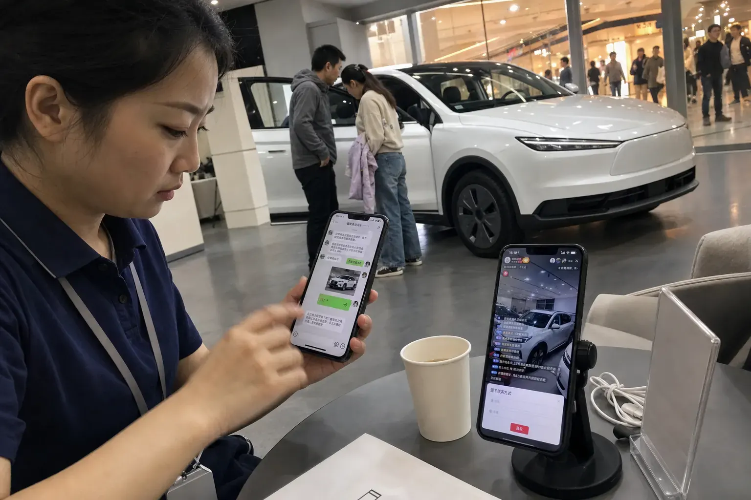 A saleswoman in a Hefei car showroom answers a buyer on WeChat, a Douyin car livestream running on a second phone, while a couple looks over an electric SUV.