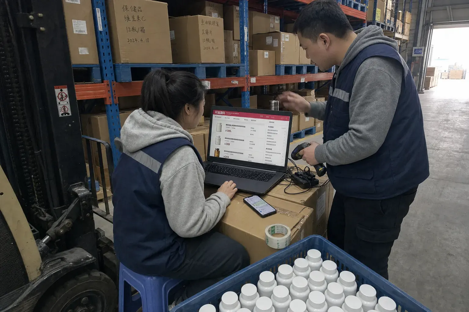 Two warehouse workers in a Zhengzhou bonded zone check a Tmall Global supplement listing on a laptop beside crates of plain vitamin bottles.